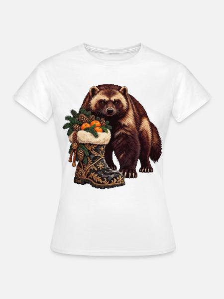 Vielfraß mit festlichem Winterstiefel - Frauen T-Shirt - Weiß