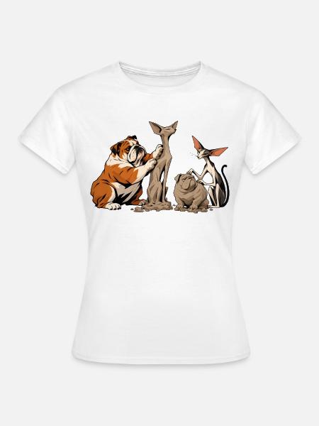 Bulldogge und Katze beim Bildhauern - Frauen T-Shirt - Weiß