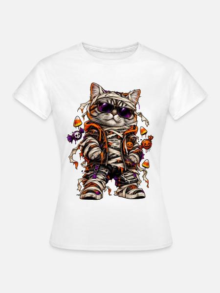 Halloween Mumienkatze mit Süßkram - Frauen T-Shirt - Weiß