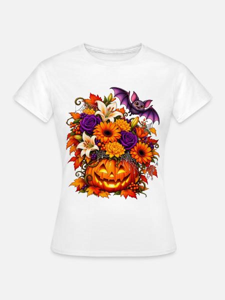 Halloween Kürbis mit Herbstblumen & Fledermaus - Frauen T-Shirt - Weiß