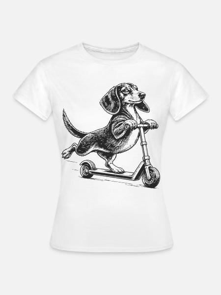 Dackel auf dem Tretroller – Vintage-Stil - Frauen T-Shirt - Weiß