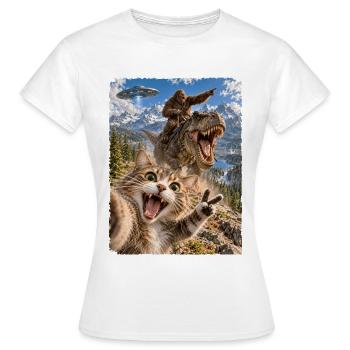 Lustiges Katze Selfie mit Bigfoot, T-Rex, UFO - Frauen T-Shirt - Weiß - Vorne - AI Model Female 172 dark (172cm)