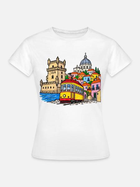 Lissabon Skyline mit bunter Straßenbahn - Frauen T-Shirt - Weiß