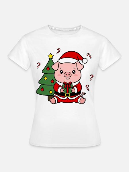 Niedliche Kawaii Pig Santa Weihnachtsbaum-Geschenkbaumkunst - Frauen T-Shirt - Weiß