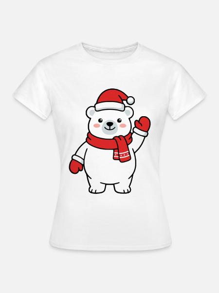 Niedlicher Kawaii-Eisbär winkt mit Weihnachtsmütze - Frauen T-Shirt - Weiß