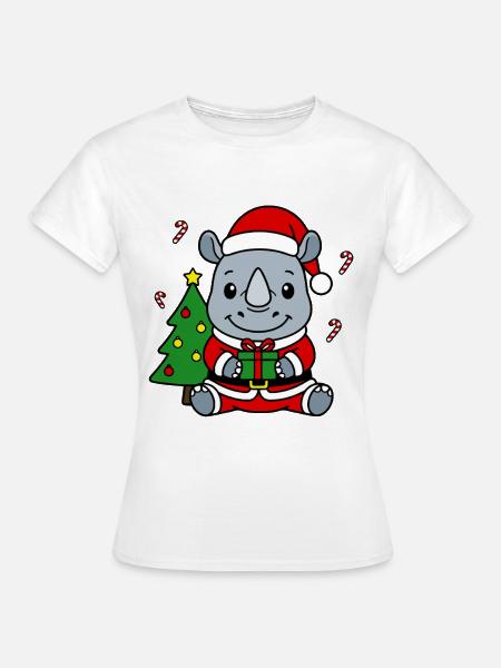 Niedlicher Weihnachts-Weihnachts-Weihnachtsbaum mit Nashorn-Weihnachtsgeschenk - Frauen T-Shirt - Weiß