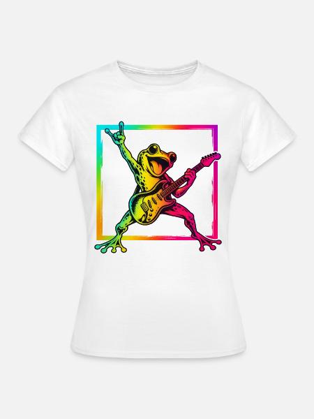 Rockender Frosch mit E-Gitarre – Neon Rock - Frauen T-Shirt - Weiß