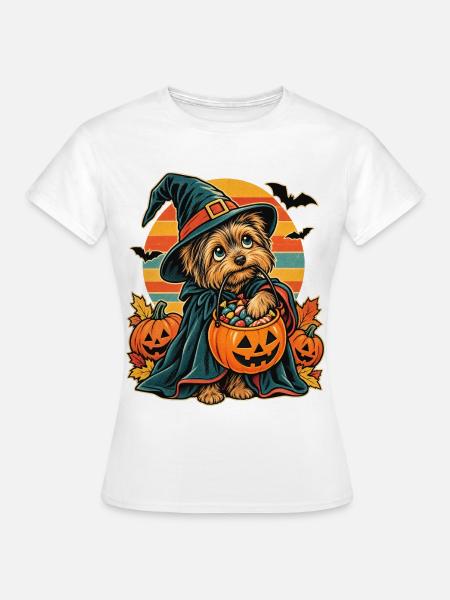 Halloween-Yorkie als frecher Snack-Dieb Hexenhund - Frauen T-Shirt - Weiß