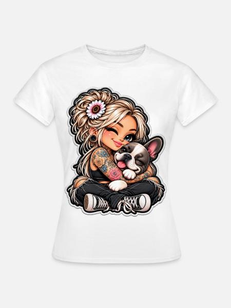 TattooMädchen kuschelt Bulldog - Frauen T-Shirt - Weiß