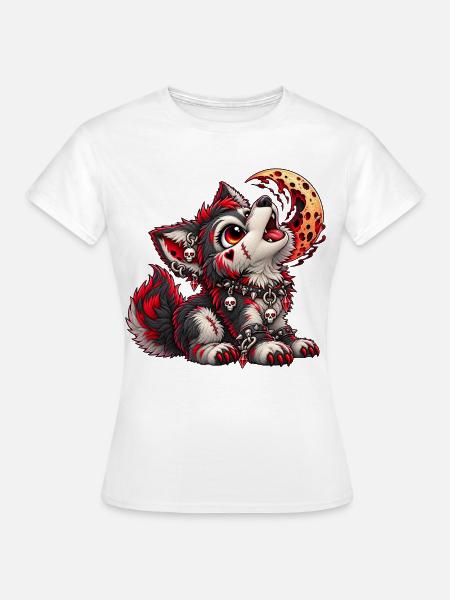 Gothic Werwolf – Dunkler Wolf mit Blutmond - Frauen T-Shirt - Weiß