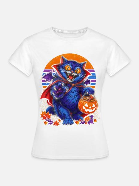 Halloween Vampir-Katze vor Retro-Sonne - Frauen T-Shirt - Weiß