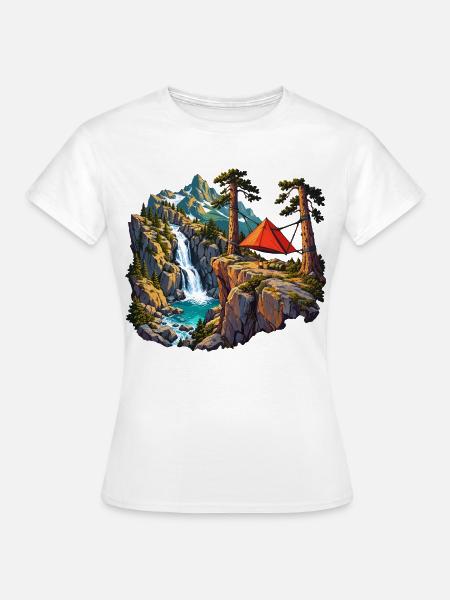Felskessel-Camp mit Hängezelt und Wasserfall - Frauen T-Shirt - Weiß