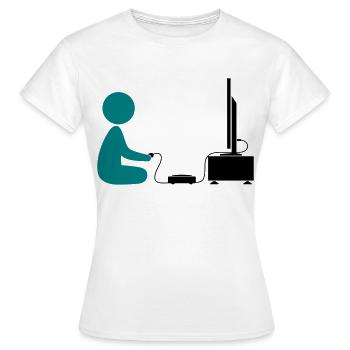 Ein Junge spielt mit seiner Spiele-Konsole - Frauen T-Shirt - Weiß - Vorne - AI Model Female 172 dark (172cm)