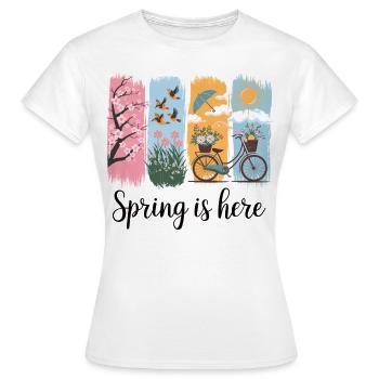 Spring Awakening – Blossoms, Birds & Bicycle - Women's T-Shirt - white - Front - AI Model Female 172 dark (172cm)