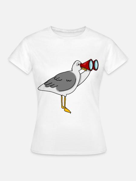 Möwe mit Fernglas schaut nach Fischbrötchen - Frauen T-Shirt - Weiß