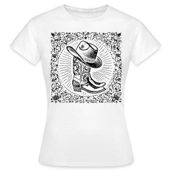 Cowboylaarzen met hoed en westelijke ornamenten - Vrouwen T-shirt - wit - Voor - AI Model Female 172 dark (172cm)