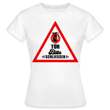 Tür schließen bitte | Farbe änderbar - Frauen T-Shirt - Weiß - Vorne - AI Model Female 172 dark (172cm)