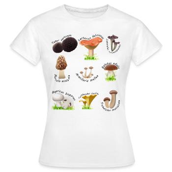 Verschiedene essbare Pilze mit lateinischen Namen - Frauen T-Shirt - Weiß - Vorne - AI Model Female 172 dark (172cm)