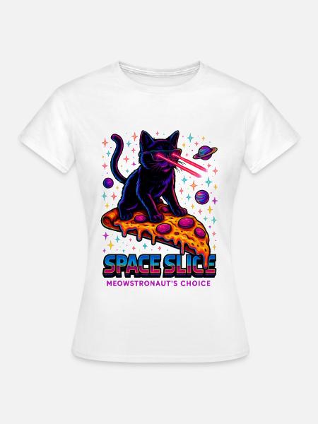 Space Slice – Neon Katze Pizza Universum - Frauen T-Shirt - Weiß