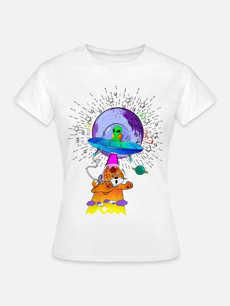 Kosmische Katzen-UFO-Abenteuer - Frauen T-Shirt - Weiß