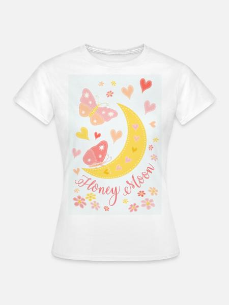 Honeymoon Mond Blüten Schmetterlinge Poster blau - Frauen T-Shirt - Weiß