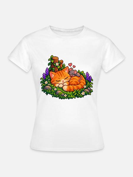 Kuschelnder Gartenkater mit Maus - Frauen T-Shirt - Weiß