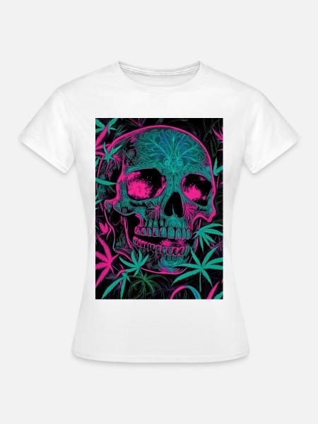 Neon-Skull mit Cannabisblatt-Pattern - Frauen T-Shirt - Weiß