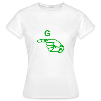 Green fingers indicate a G - Women's T-Shirt - white - Front - AI Model Female 172 dark (172cm)