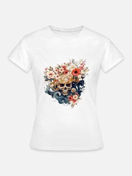 Flower Skull - Blumen Schädel - Tattoo Style - Frauen T-Shirt - Weiß