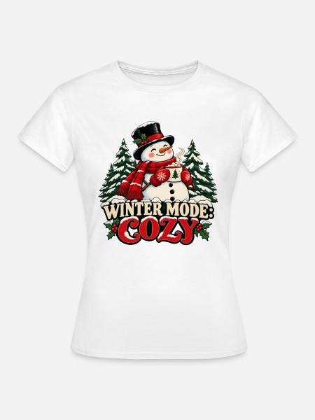 Wintermodus: Gemütlich – Schneemann mit Tasse - Frauen T-Shirt - Weiß