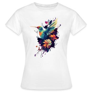 Kolibri mit Blütenflügeln – Farbenfroher Vogel - Frauen T-Shirt - Weiß - Vorne - AI Model Female 172 dark (172cm)