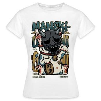 Maneki Oni Japanese Cat Streetwear Art Anime Kawai - Women's T-Shirt - white - Front - AI Model Female 172 dark (172cm)