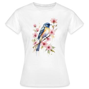 Singvogel auf Blütenzweig - Aquarellkunst - Frauen T-Shirt - Weiß - Vorne - AI Model Female 172 dark (172cm)