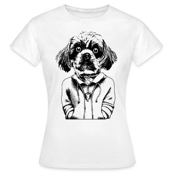 Kleiner Hund mit Kulleraugen in seinem Hoodie. - Frauen T-Shirt - Weiß - Vorne - AI Model Female 172 dark (172cm)