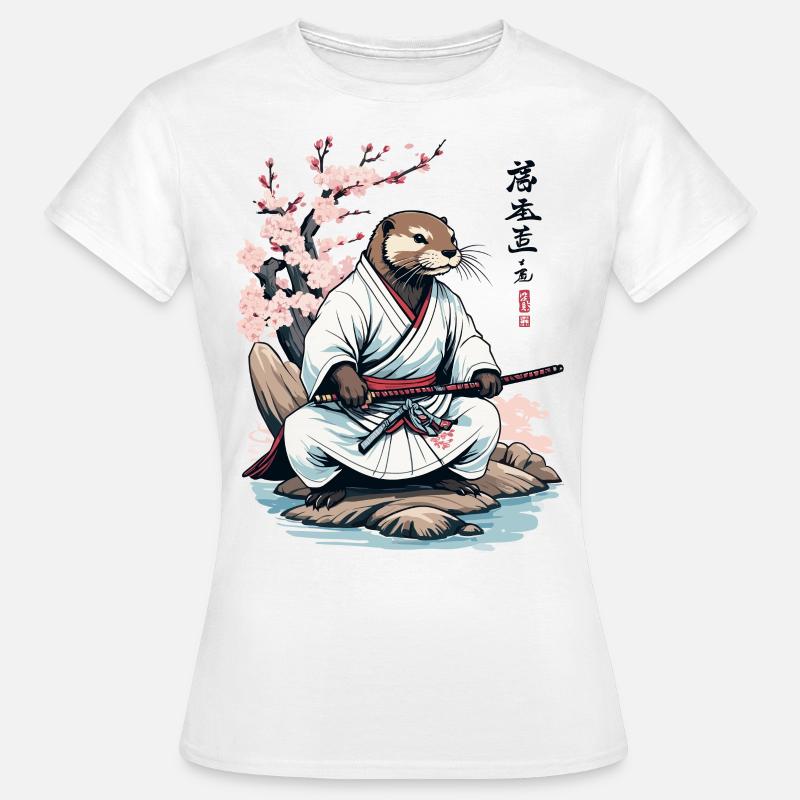 Lontra Samurai Carino Giappone Ukiyo-E Design Vintage - Maglietta da donna - bianco