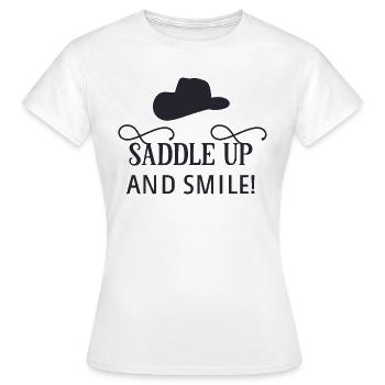 Sattel auf und lächeln - Frauen T-Shirt - Weiß - Vorne - AI Model Female 172 dark (172cm)