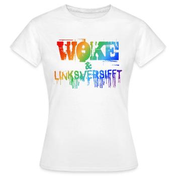 Selbstironie: WOKE & linksversifft - Frauen T-Shirt - Weiß - Vorne - AI Model Female 172 dark (172cm)