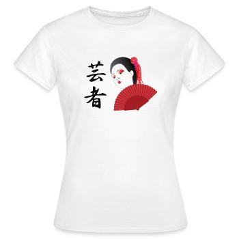 Geisha with caligraphy becomes Geisha and handfan - Women's T-Shirt - white - Front - AI Model Female 172 dark (172cm)