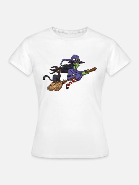 Cartoon Hexe Fliegt Auf Ihrem Besen - Frauen T-Shirt - Weiß