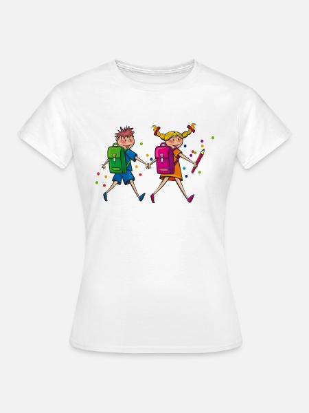 Schulkinder mit Schulranzen. Geschenkidee - Frauen T-Shirt - Weiß