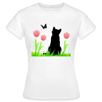 Frühlingsdesign - Katze, Tulpen, Schmetterling - Frauen T-Shirt - Weiß - Vorne - AI Model Female 172 dark (172cm)