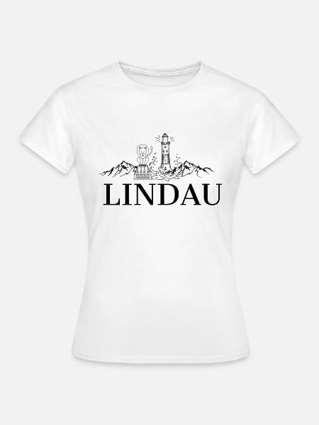 Lindau am Bodensee mit Leuchtturm, Löwe und Bergen - Frauen T-Shirt - Weiß
