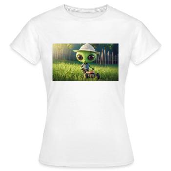 niedliches kleines grünes Retro Alien Rasen mähen - Frauen T-Shirt - Weiß - Vorne - AI Model Female 172 dark (172cm)