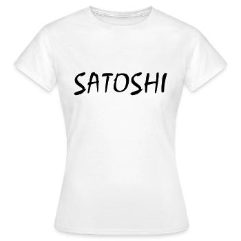 SATOSHI Schriftzug der Gründer von Bitcoin - Frauen T-Shirt - Weiß - Vorne - AI Model Female 172 dark (172cm)