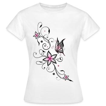 Vrille de filigrane avec papillon et fleurs. - T-shirt Femme - blanc - Devant - AI Model Female 172 dark (172cm)