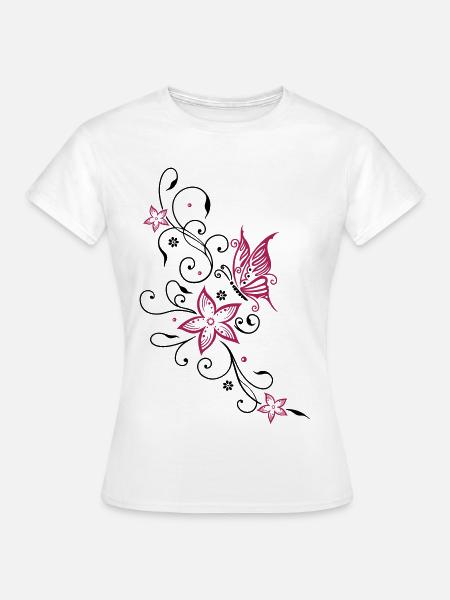 Blumen mit floralem Ornament und Schmetterling - Frauen T-Shirt - Weiß