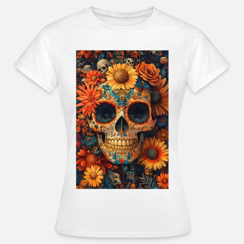 Blomsterkranium Día de los Muertos - Dame-T-shirt - hvid
