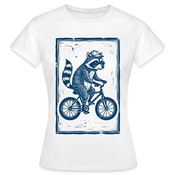 Raccoon on Bicycle Blue Linocut Print - Women's T-Shirt - white - Front - AI Model Female 172 dark (172cm)