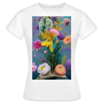 Flowers Bursting from a Book - Women's T-Shirt - white - Front - AI Model Female 172 dark (172cm)
