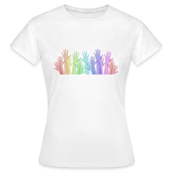 Regenbogen Hände als Zeichen des Zusammenhalts - Frauen T-Shirt - Weiß - Vorne - AI Model Female 172 dark (172cm)
